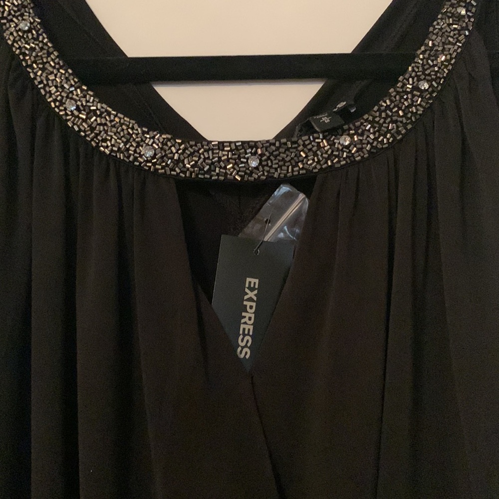 Express Black Faux Wrap Sleeveless Top with Beaded Neckline NWT Size M